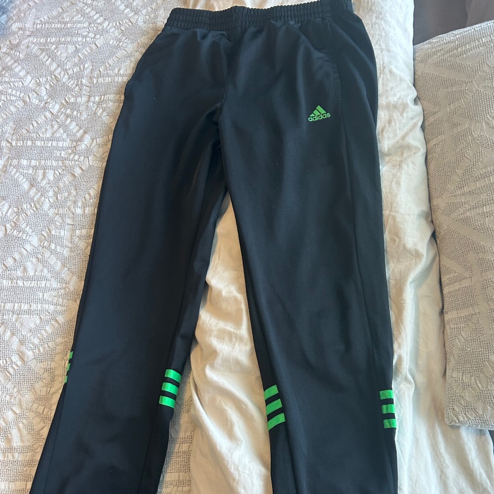 Black and Green Striped Adidas Track Pants- Youth Large